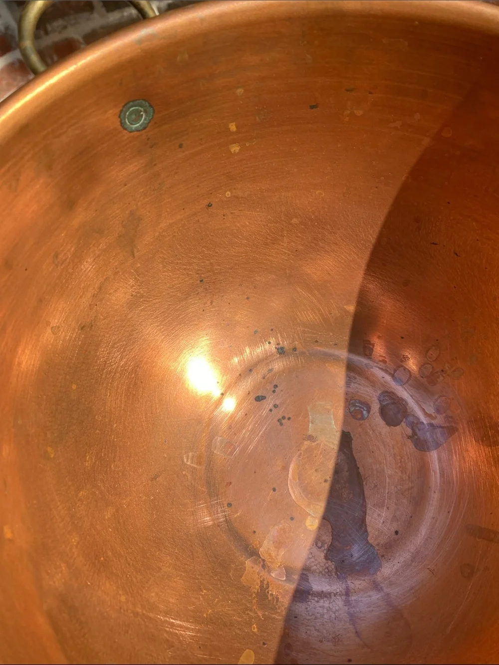 Vintage Copper 10” Mixing Bowl Rolled Edge Brass Hanging Ring